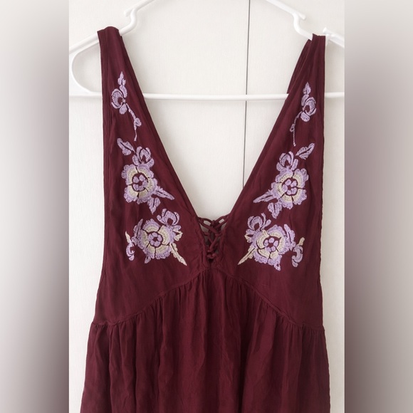 Free People Embroidered Aida Slip Burgundy Boho Hippie Chic Tank Dress Sz L - Picture 3 of 8